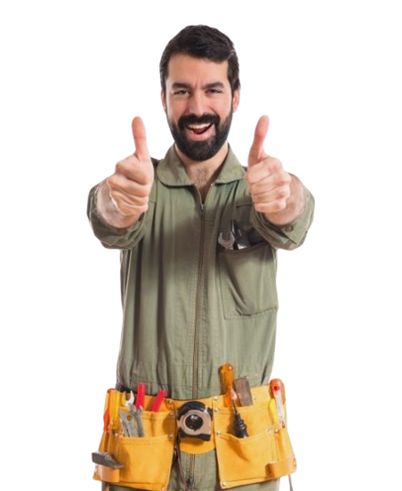 Smiling man with a beard and tool belt showing thumbs up sign.