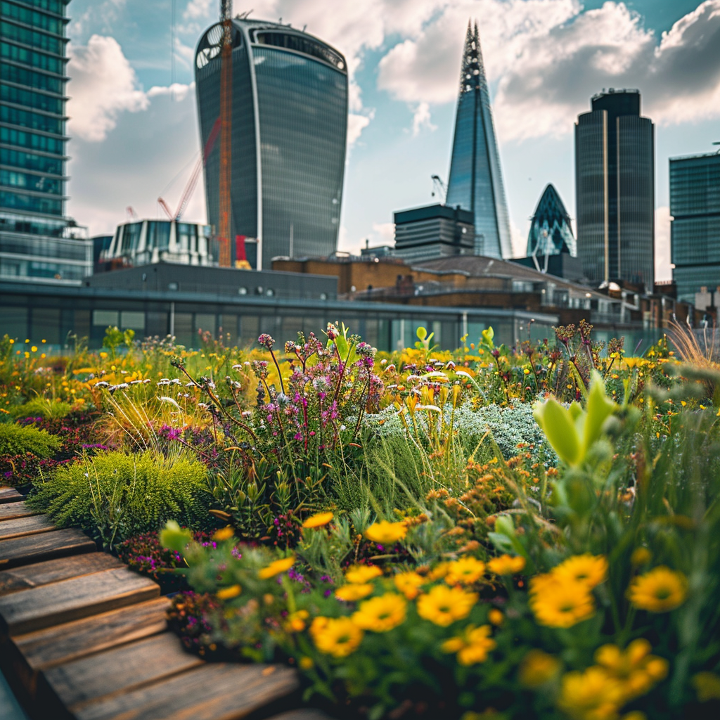 A lush roof in London, providing a sustainable and eco-friendly environment in the city.