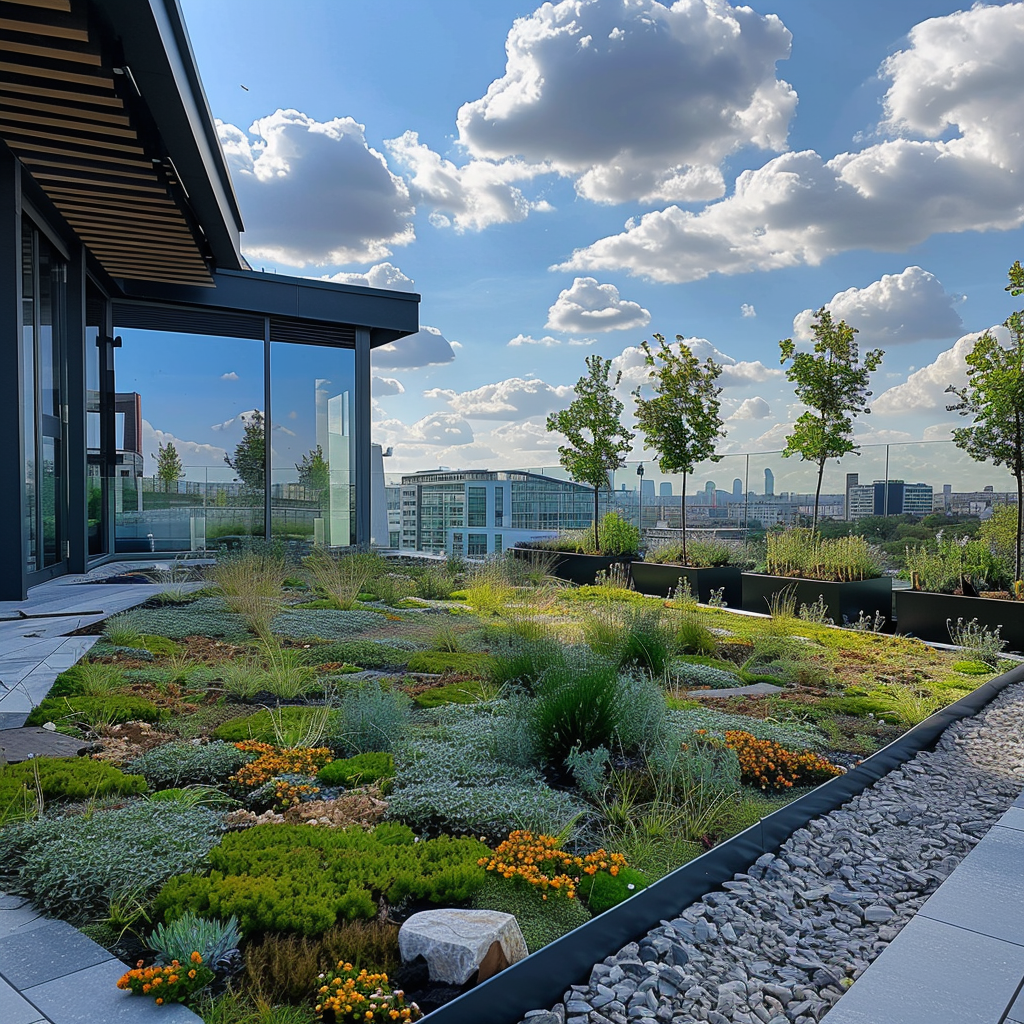 An eco-friendly green roof featuring a variety of plants and rocks, blending harmoniously to form a picturesque landscape.