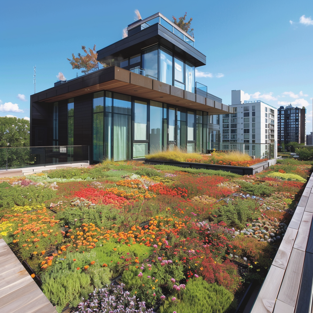 A modern building with a lush green roof, blending seamlessly with the surrounding environment.