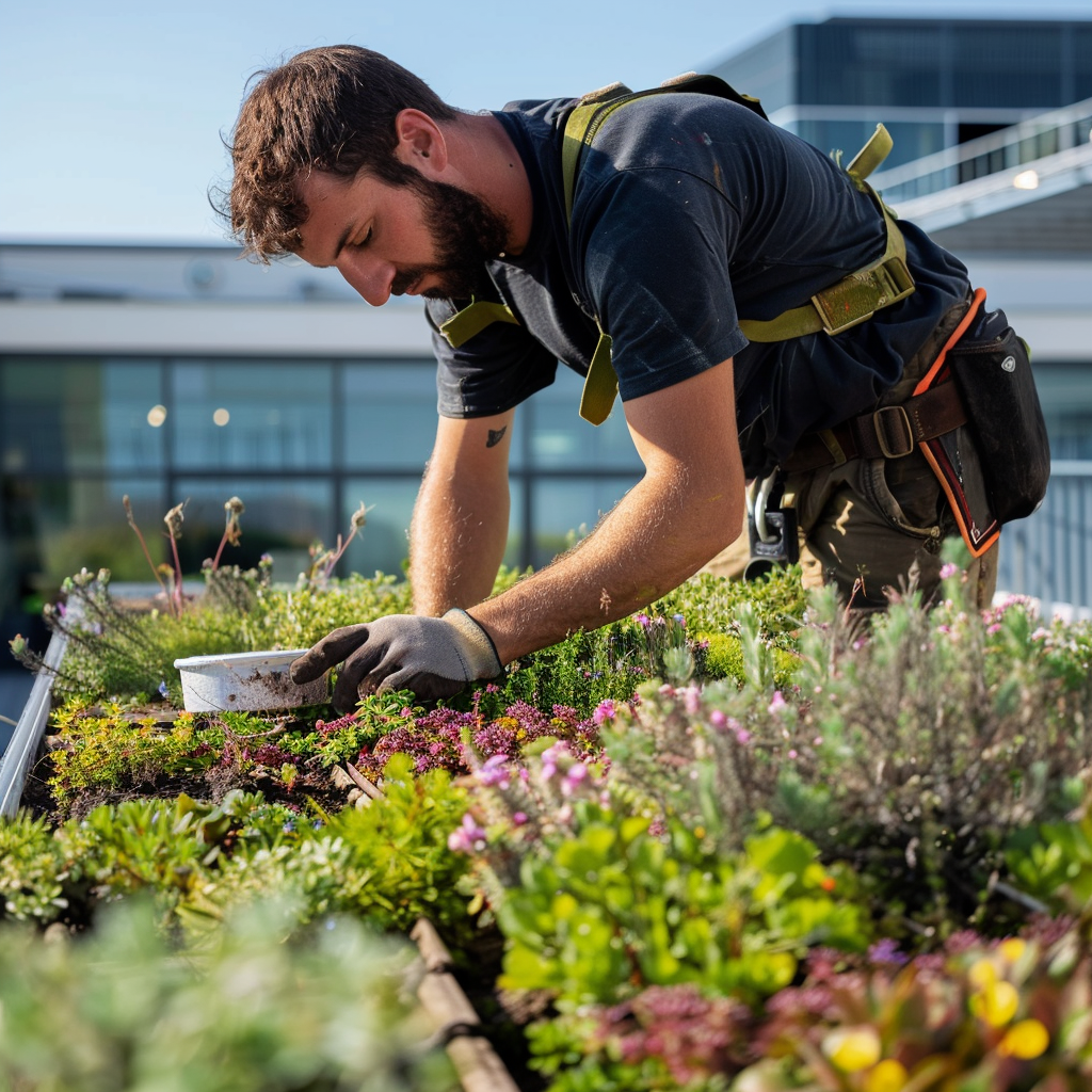 A man tending to a roof garden with various plants and flowers on a rooftop.