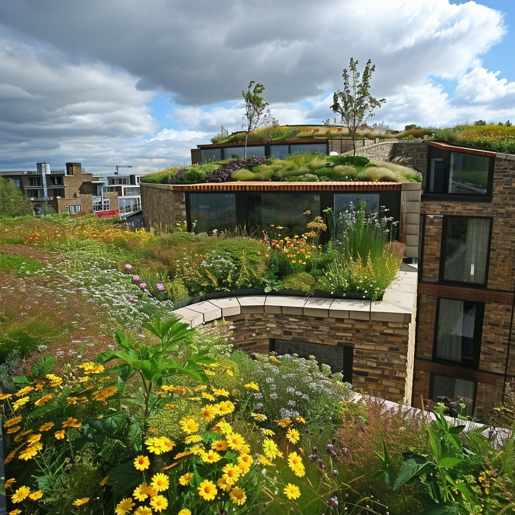 Lush green roof with colorful flowers and plants.