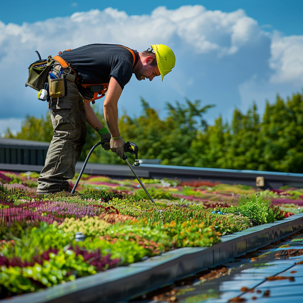 A man working on a green roof, installing or repairing it to ensure its functionality and sustainability