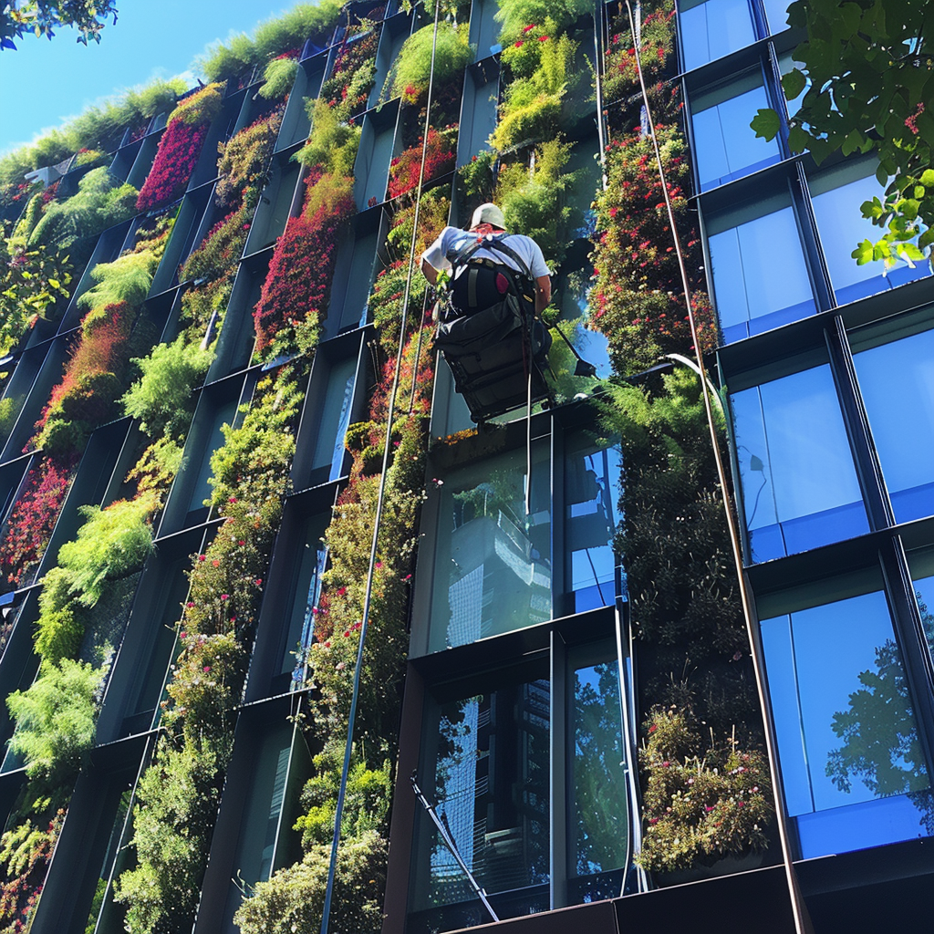 Worker on ladder cleaning green roof with plants on building.