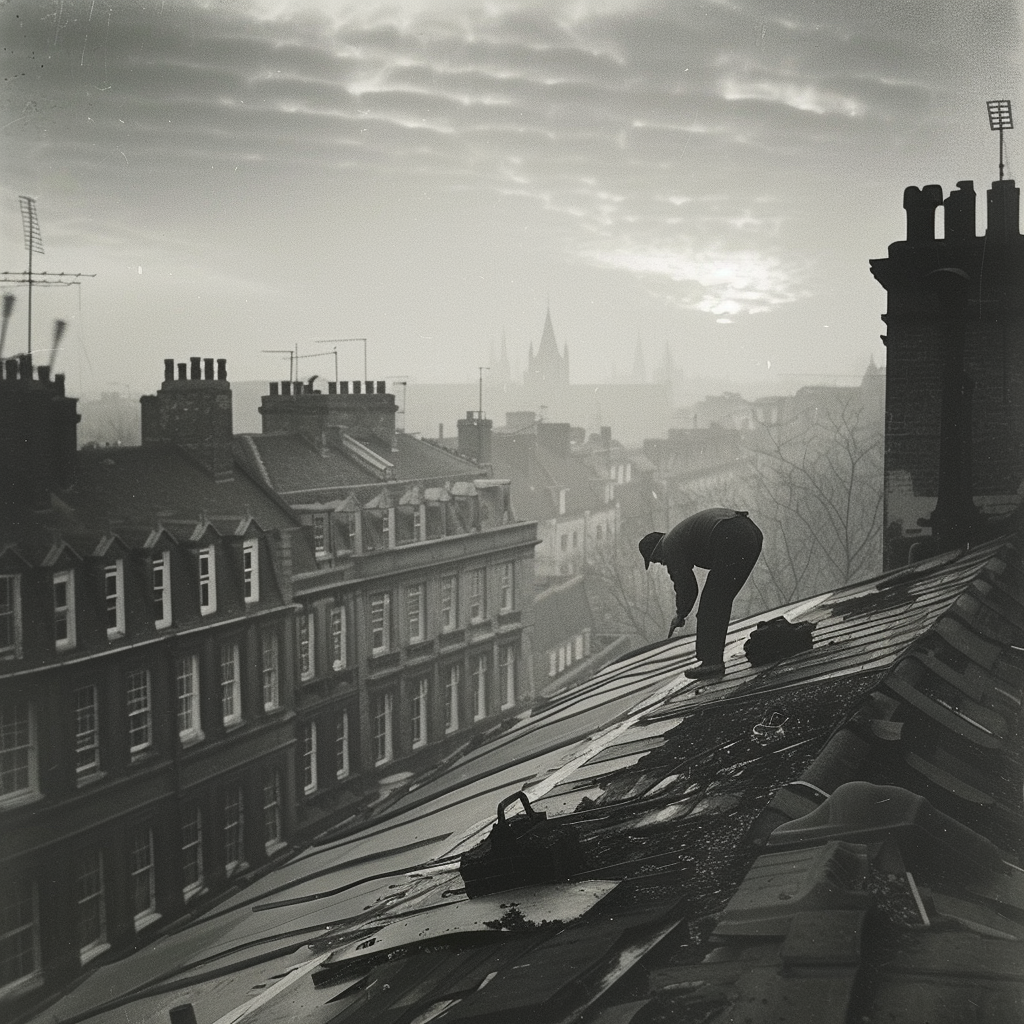 A worker on a rooftop, diligently performing tasks on a building's roof.