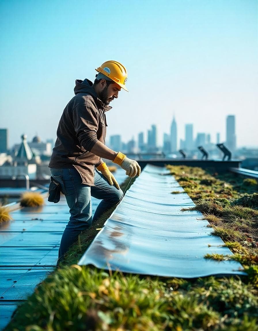 A man installing waterproofing on a green roof, surrounded by lush grass, ensuring durability and sustainability.