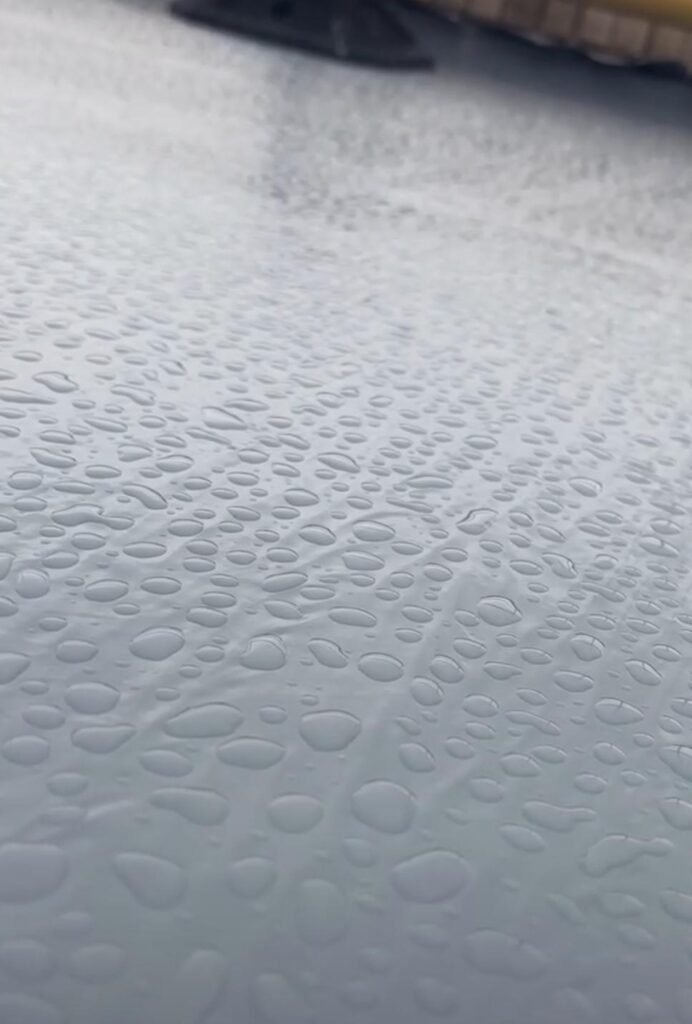 Detailed view of a rain-soaked surface with droplets, highlighting liquid roofing solutions in London.