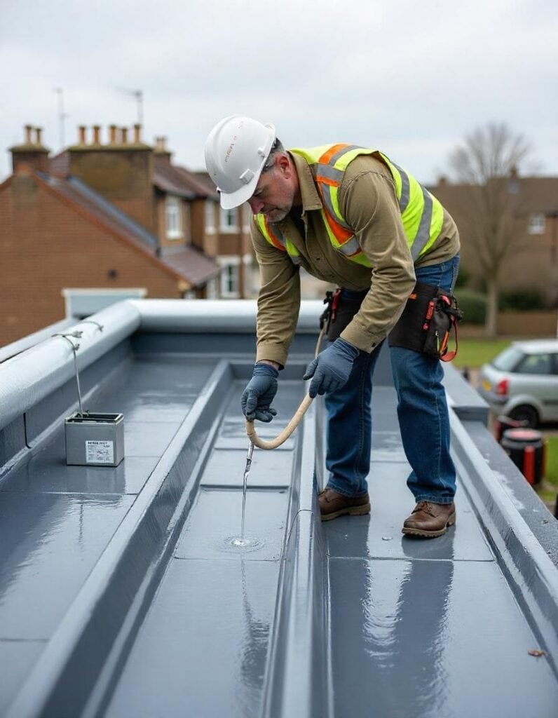 A man in a hard hat and safety vest installs liquid roofing on a building in London.