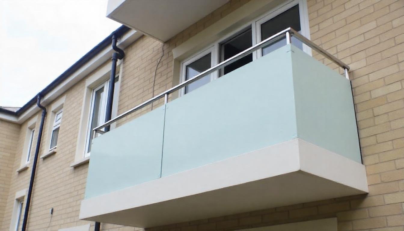 Modern balcony with frosted glass panels and a stainless steel railing on a brick building.