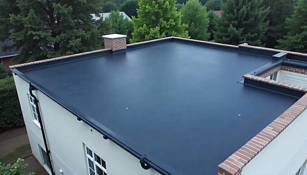 Flat EPDM rubber roofing with a sleek, weather-resistant black finish.