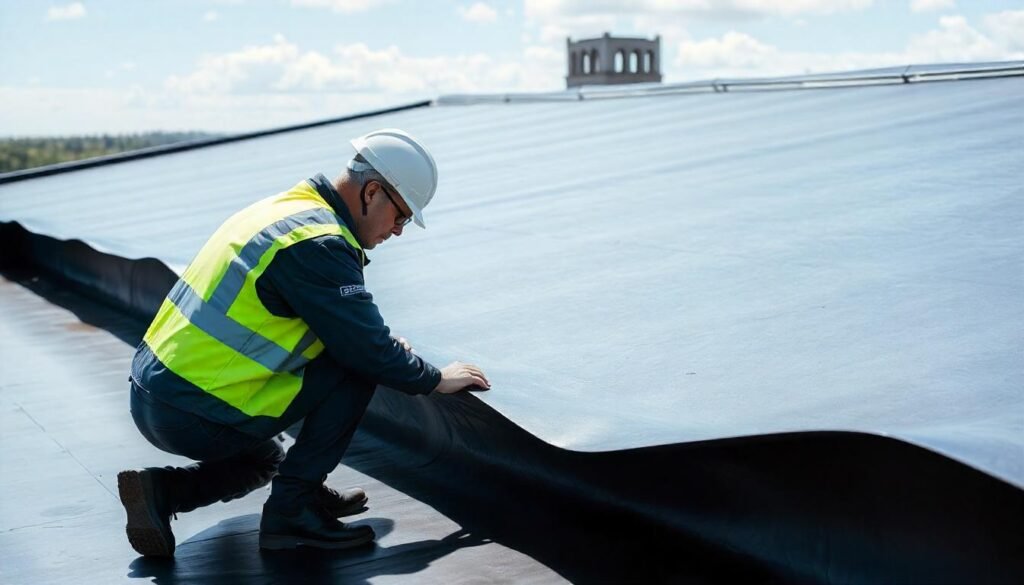 a man inspecting EPDM roof waterproofing