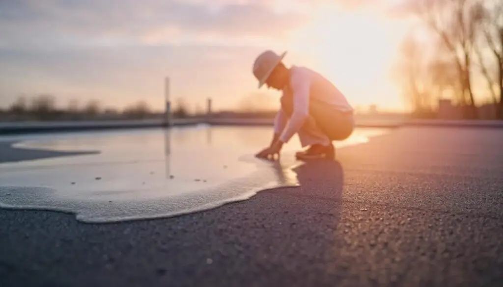 Worker inspecting seamless liquid-applied roofing at sunset on a flat roof surface.