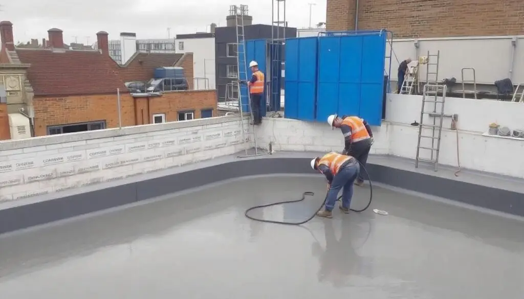 Contractors applying liquid waterproofing on a flat rooftop for durable protection.