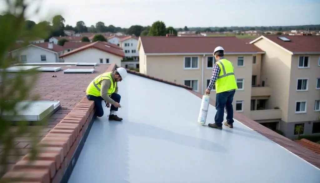 Two construction workers in high-visibility vests applying sealant to the roof of a residential building during daytime with clear skies