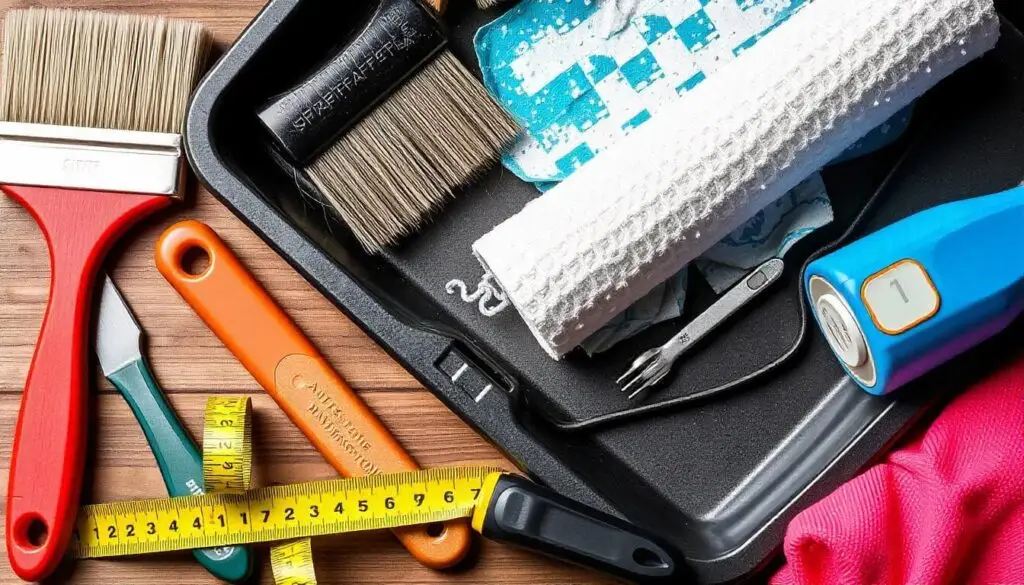 A collection of various tools and supplies neatly arranged on a table surface.