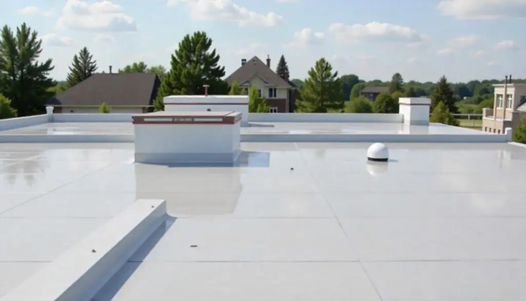 Flat roof with a white membrane, illustrating the application of cold applied liquid roofing technology.