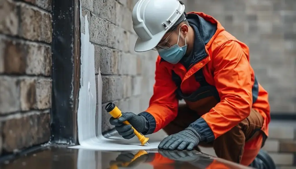 Worker applying liquid rubber waterproof sealant to a brick wall for water protection.