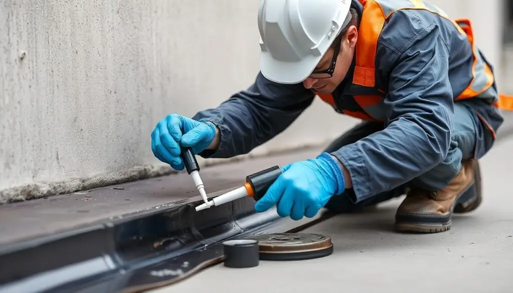 a worker inspecting to Applying liquid rubber waterproof sealant