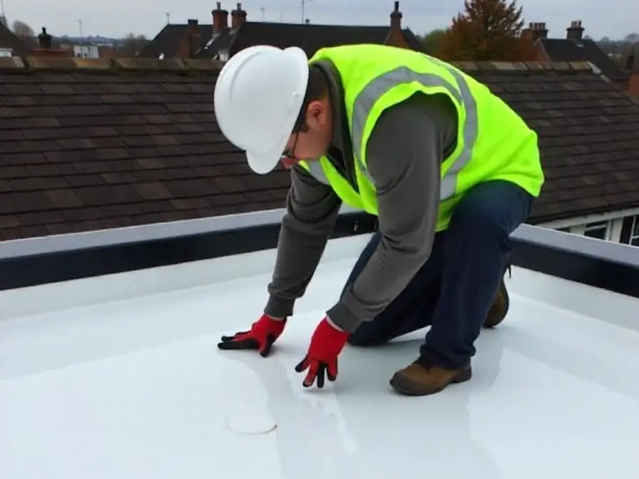 Roofing expert inspecting a flat roof with liquid waterproofing applied for durability.