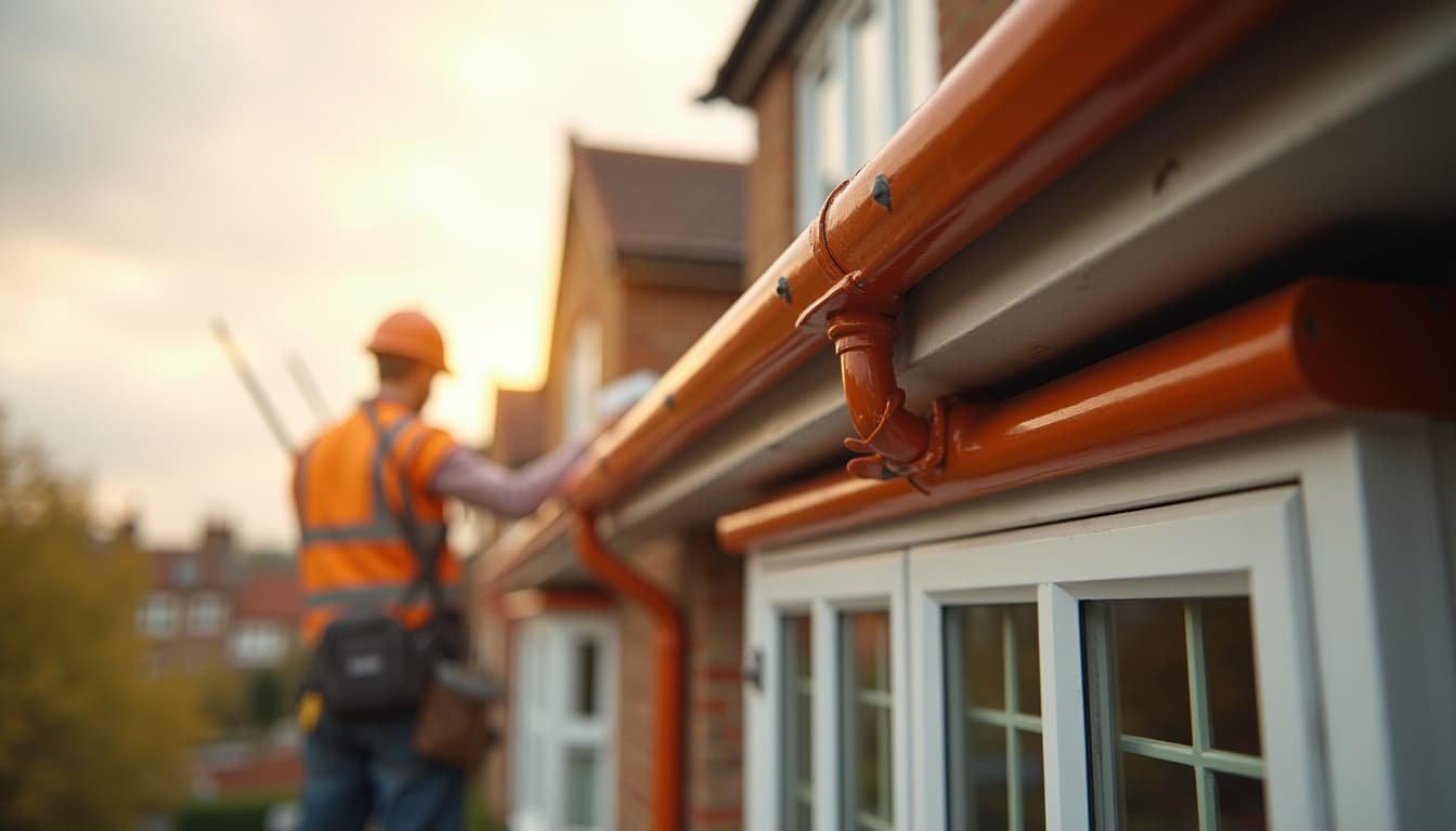 Worker installing orange gutter on home exterior during sunset, construction work.