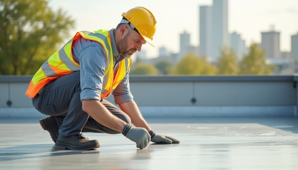 Protect Your London Flat Roof from Water Damage With Asphalt Waterproofing 6 A worker in a safety vest and helmet inspecting a rooftop.