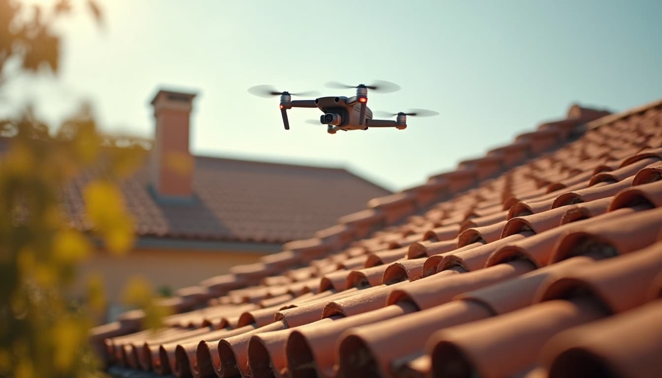Drone inspecting a roof with red clay tiles under a clear blue sky, capturing aerial footage for a roof survey or inspection.