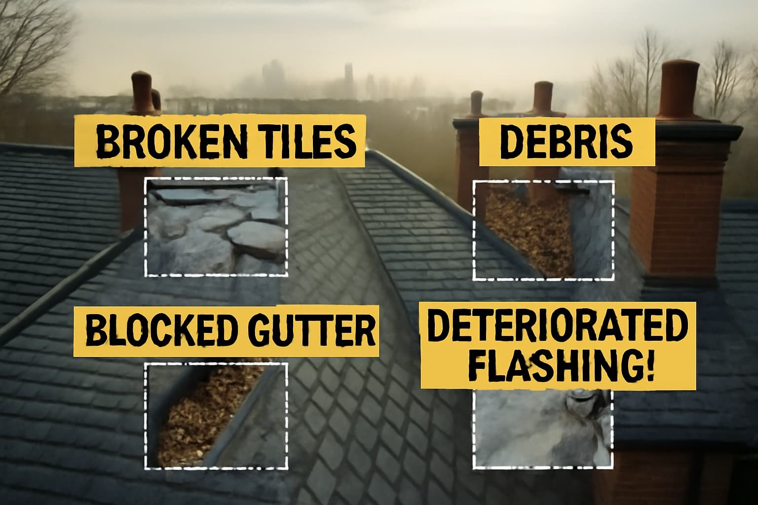 Drone view of a London house roof, highlighting common issues like broken tiles, debris, blocked gutters, and deteriorated flashing, with clear labels for each problem.