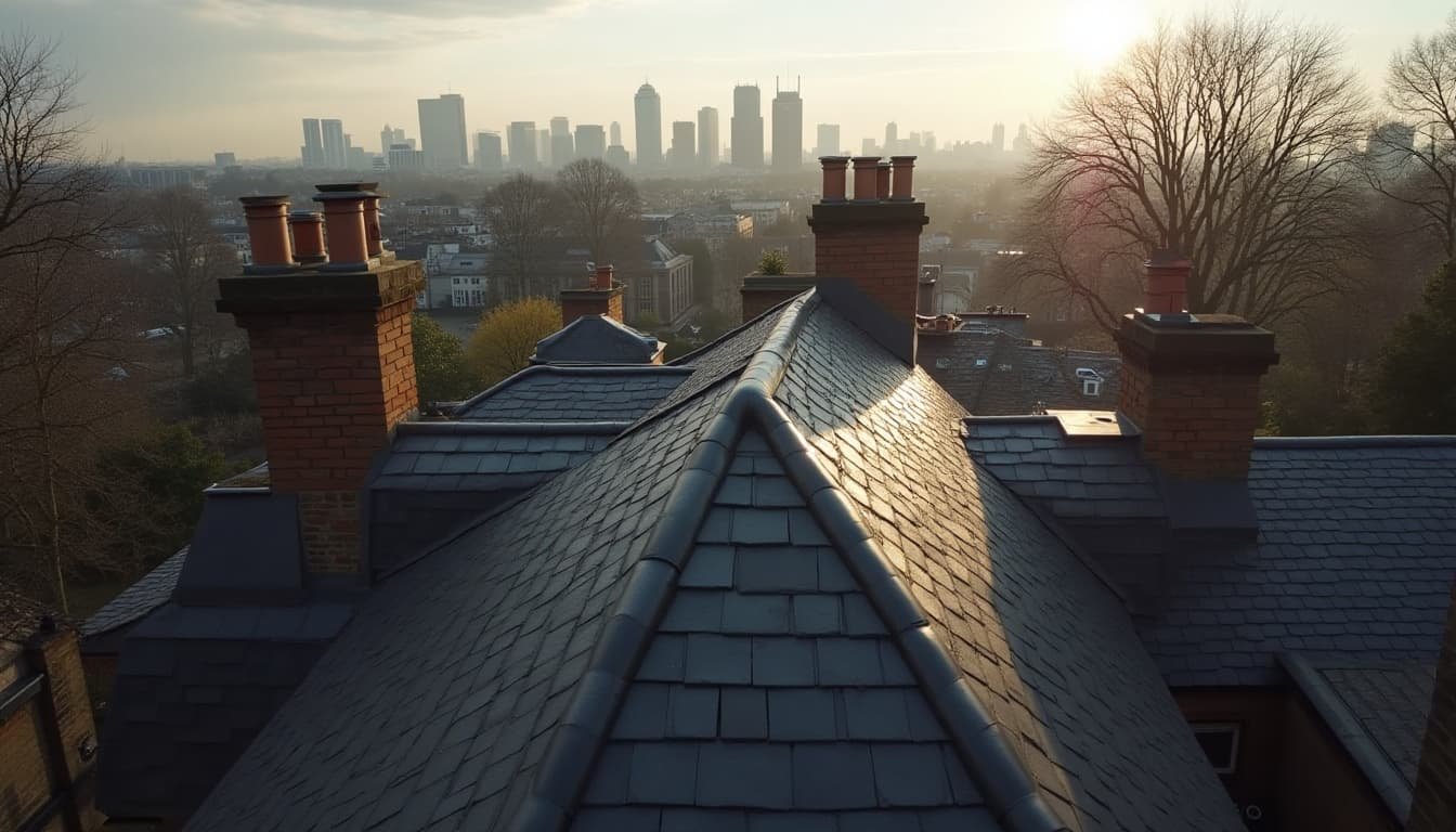Drone view of a slate roof in London at sunset, with the city skyline in the distance, highlighting chimney stacks and the roof's texture.