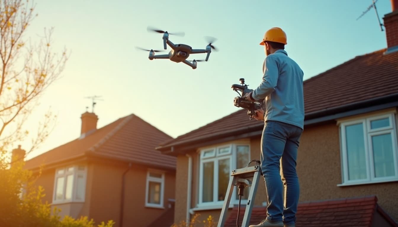 Worker using a drone to inspect a roof, standing on a ladder with the drone flying above a house at sunset, wearing a hard hat and safety vest.