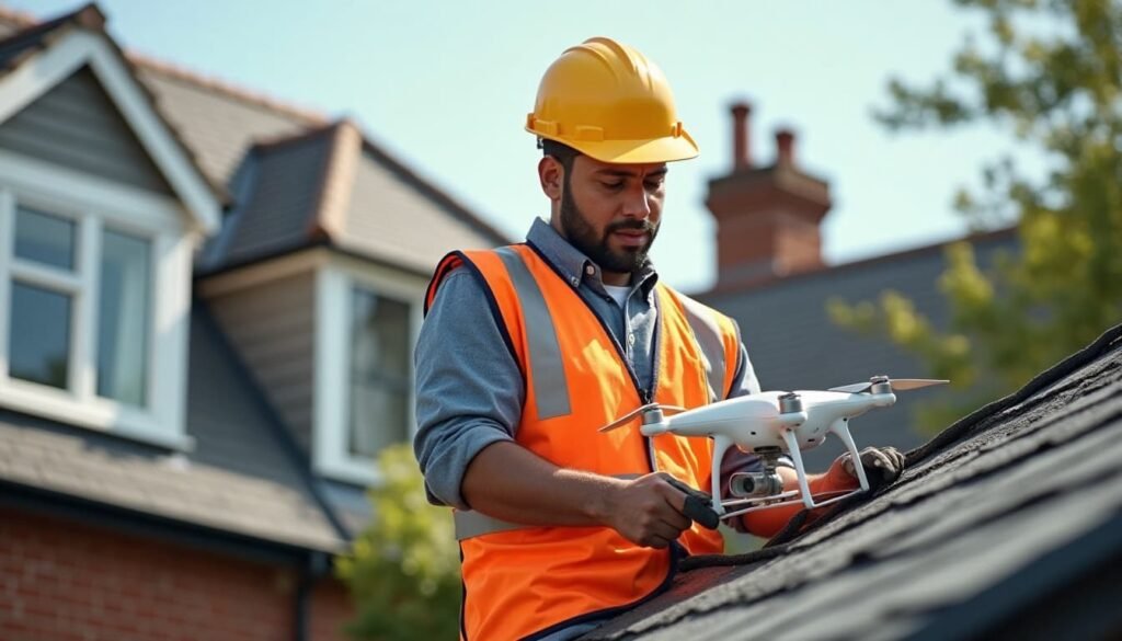 Why London Homeowners Choose Drone Surveys for Gutters & Roofs 5 a worker making Preparation Steps of inspecting roof with drone in london house