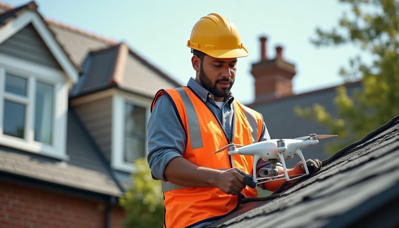 Roof inspection preparation by a worker with a drone on a London house, wearing a hard hat and safety vest, ready to conduct an aerial survey.