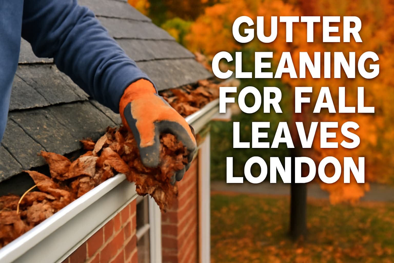 Worker cleaning gutters filled with fall leaves in London, preparing homes for the autumn season. Gutter maintenance for seasonal leaf buildup.