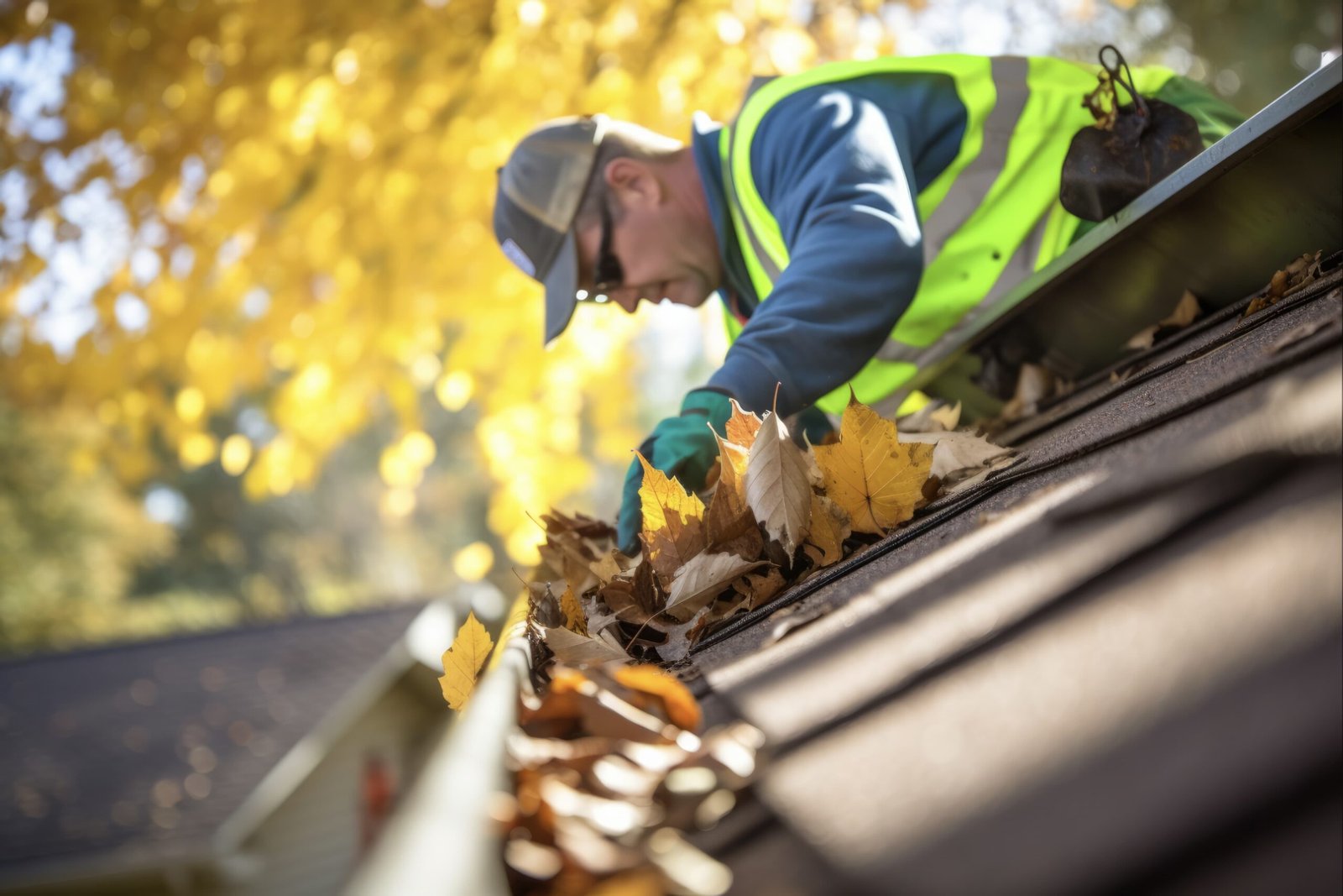 Professional worker in safety gear cleaning fallen leaves from a gutter during autumn, ensuring proper roof maintenance and preventing blockages.