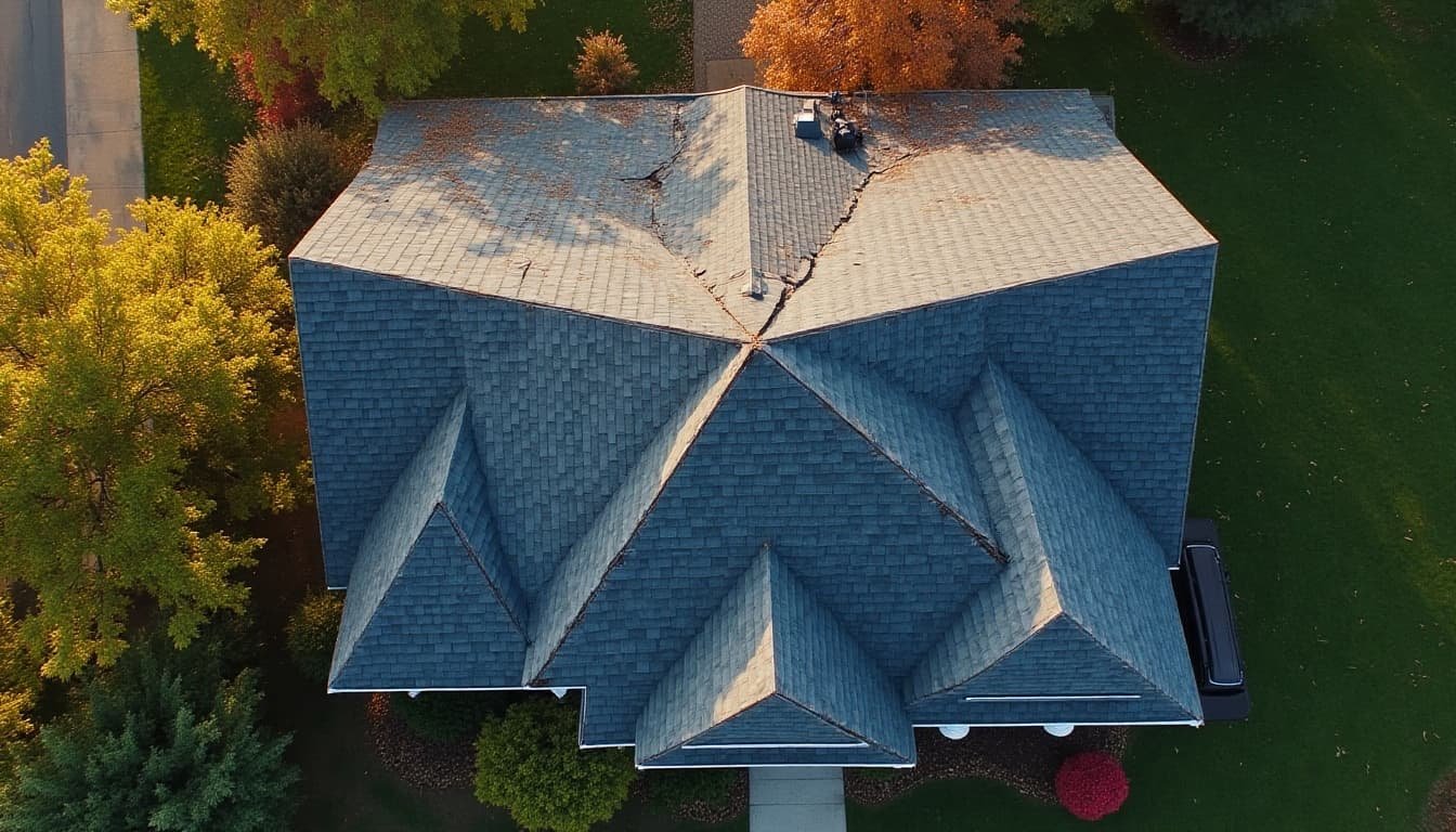 Aerial view of a roof with visible cracks being inspected by a drone, highlighting the need for roof repairs.