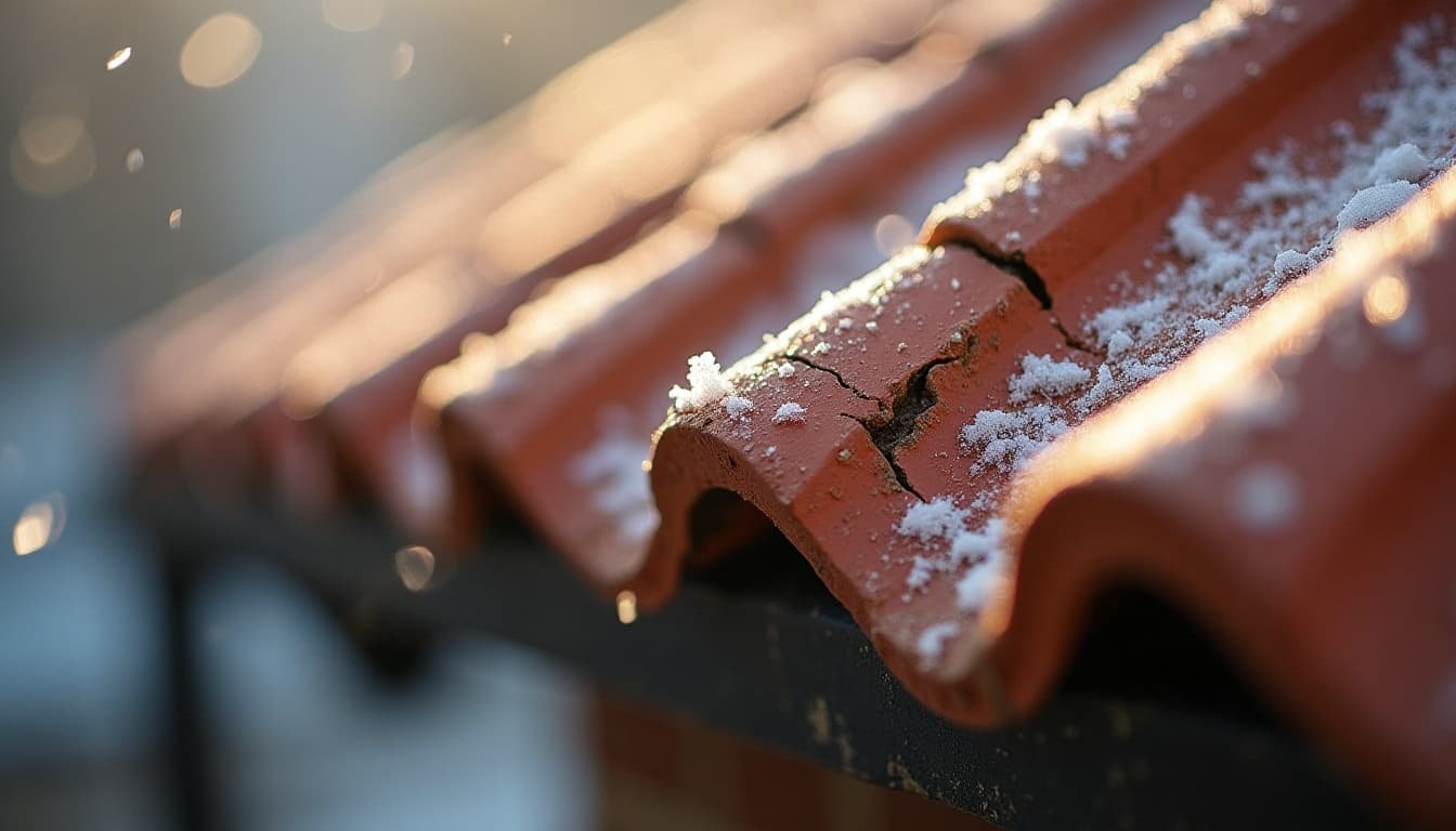 a cracked roof tile covered in snow, highlighting potential roof damage that needs attention.