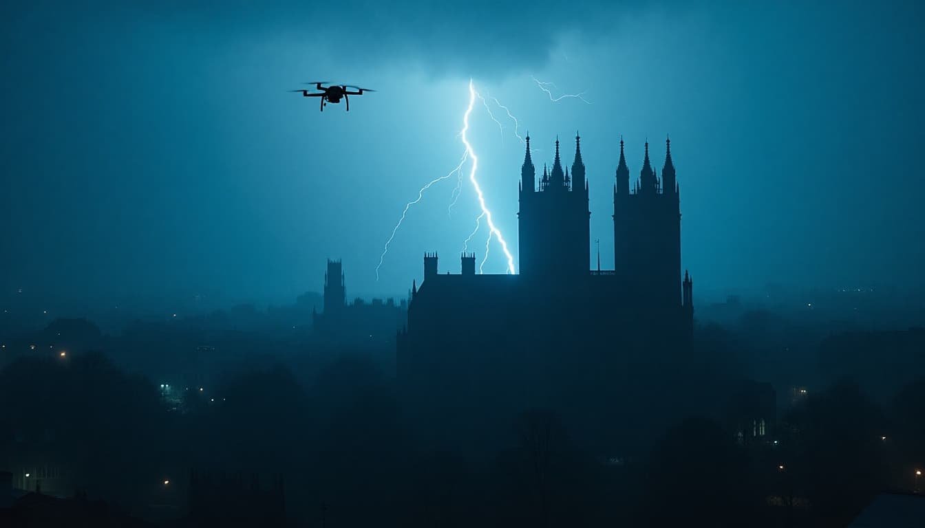 A drone flying over a city during a thunderstorm, highlighting the weather constraints of drone roof inspections in London.