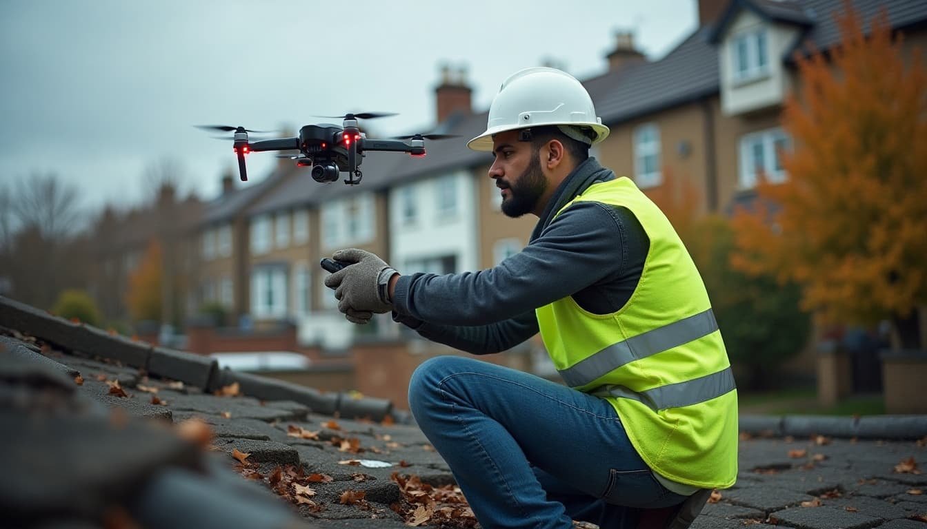 Construction worker using a drone to detect roof cracks on a residential building in London.