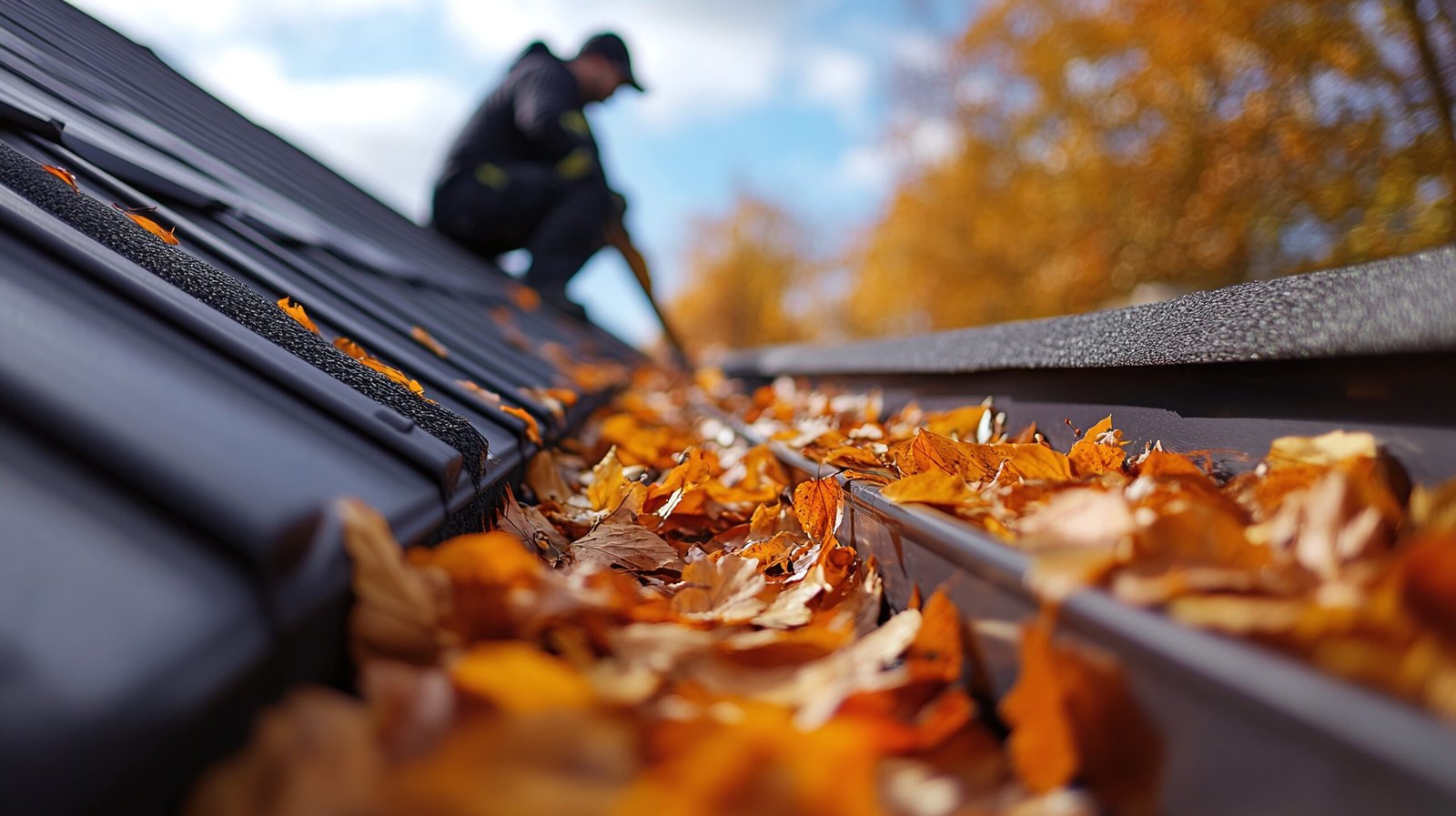 Person cleaning fallen autumn leaves from a metal gutter on a roof during fall, highlighting the importance of regular gutter maintenance.