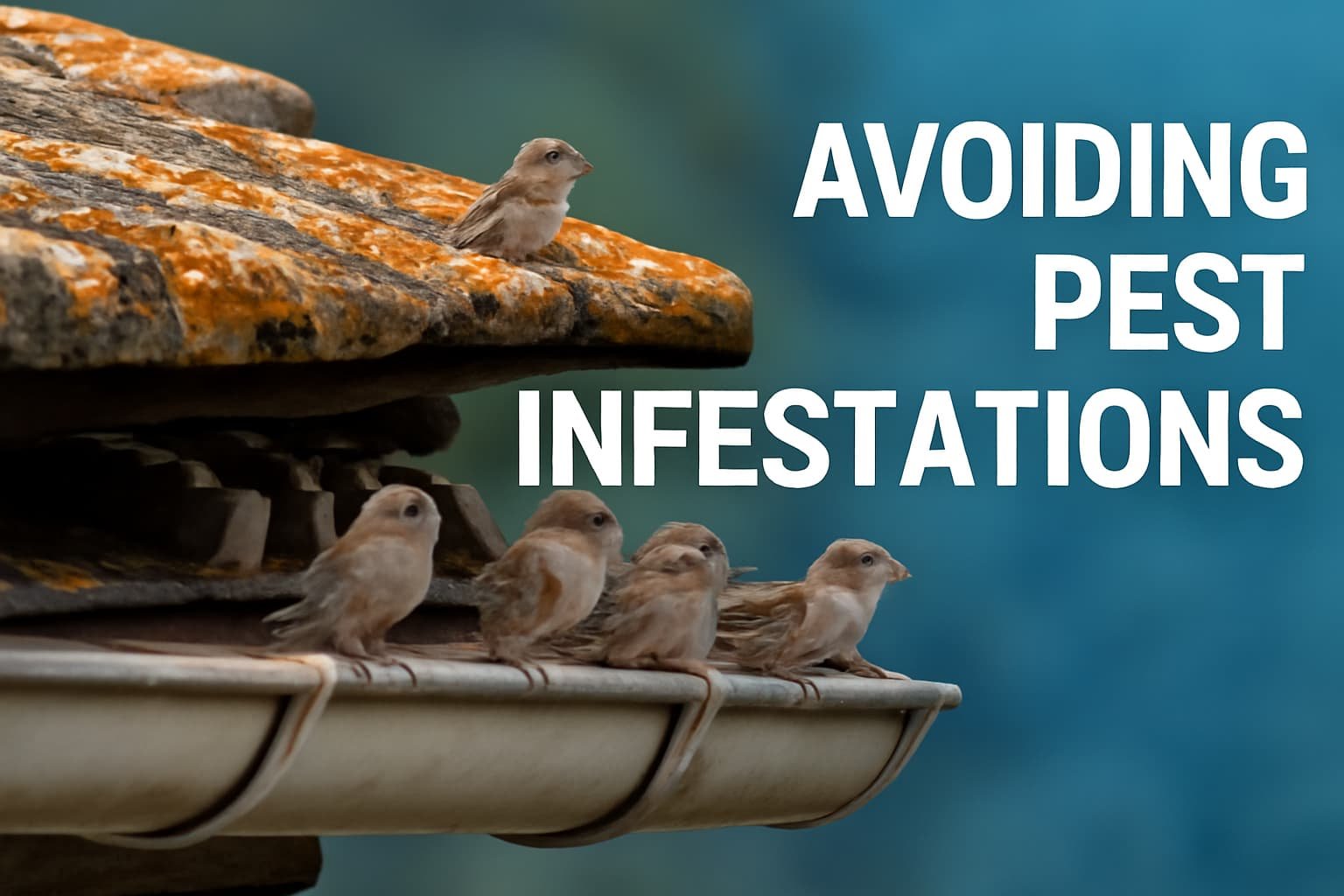 House sparrows perched on a gutter during fall, with bold text overlay reading 'Avoiding Pest Infestations,' highlighting the importance of gutter cleaning for pest prevention.