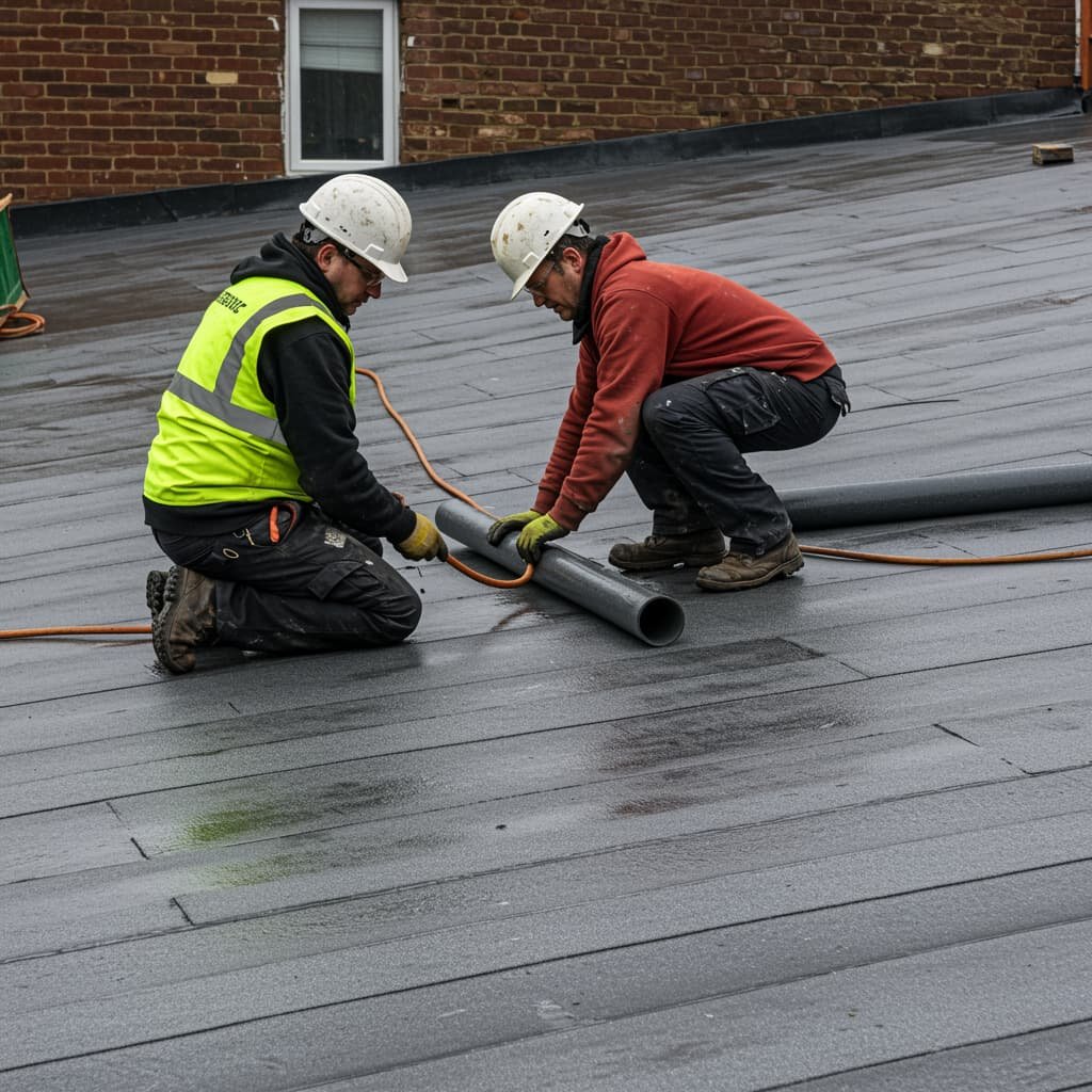 Two roofers installing fluid-applied roofing
