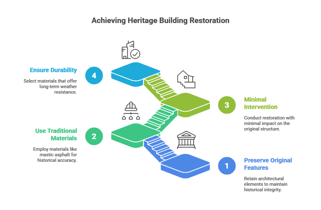 Infographic on achieving heritage building restoration with steps: preserve original features, use traditional materials, ensure durability, and minimal intervention.