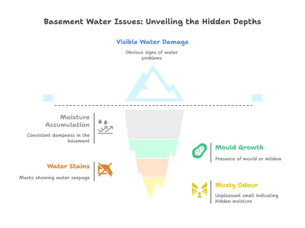 Diagram showing types of water damage, including flooding, leaks, and mould.