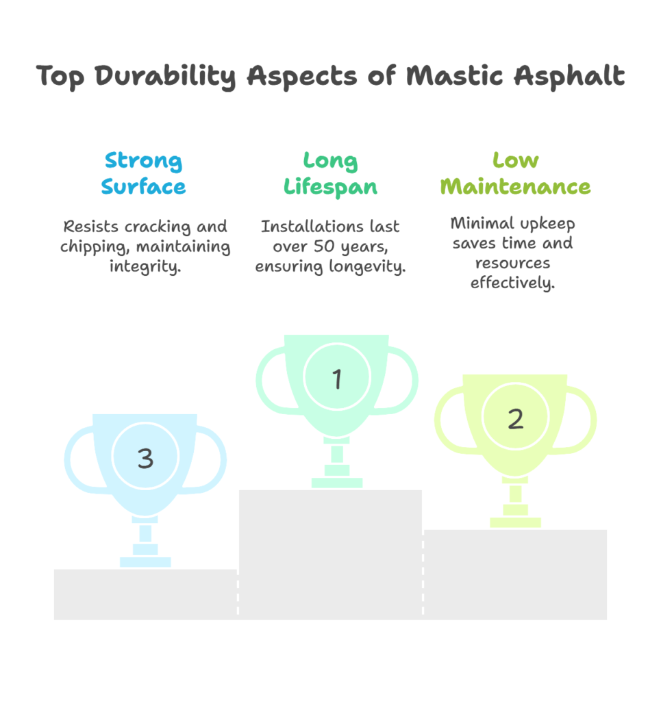 Infographic of top durability aspects of mastic asphalt with strong surface, long lifespan, and low maintenance ranked 3, 1, and 2.