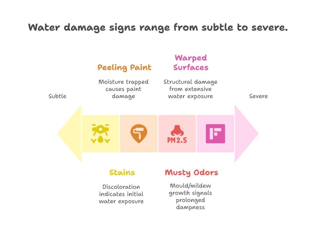 Water damage signs range from subtle to severe visual