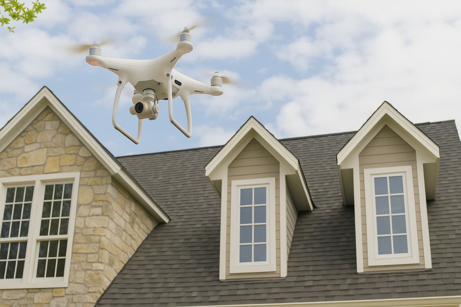 Drone inspecting residential roof and gutters