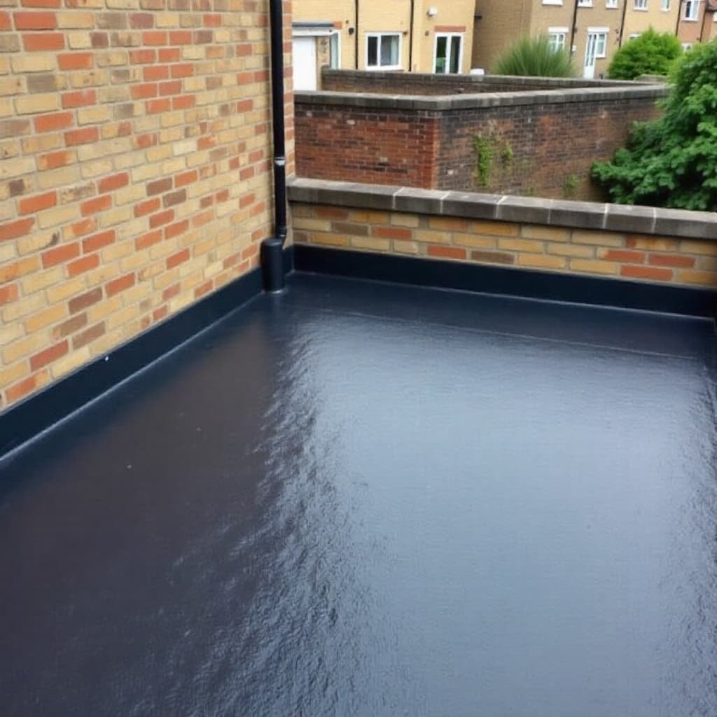 Newly installed flat roof with waterproof membrane, surrounded by brick walls and residential houses, ideal for home improvement and roofing solutions.
