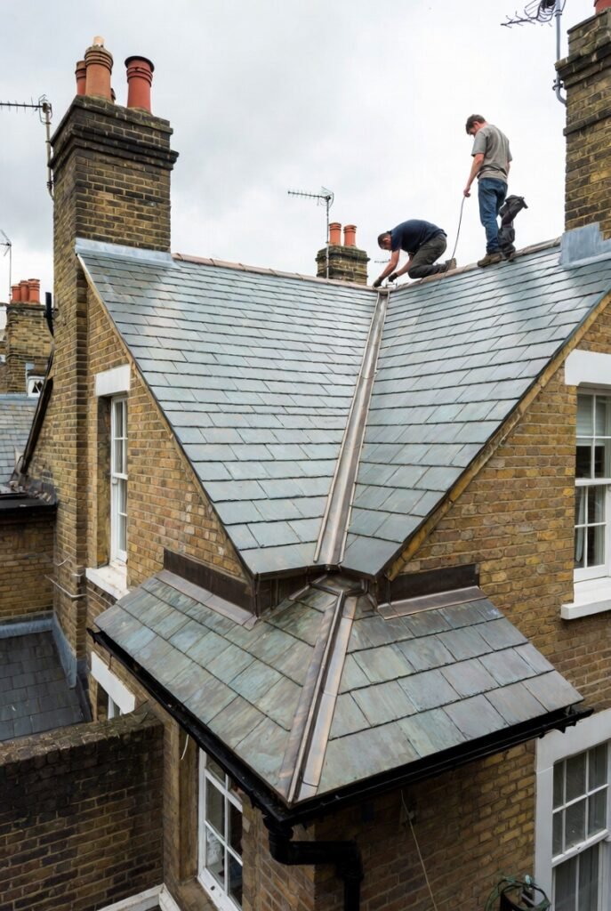 Why Lead Guttering Is the Best Choice for Period Properties in London 3 skilled craftsmanship installing lead guttering on a London house