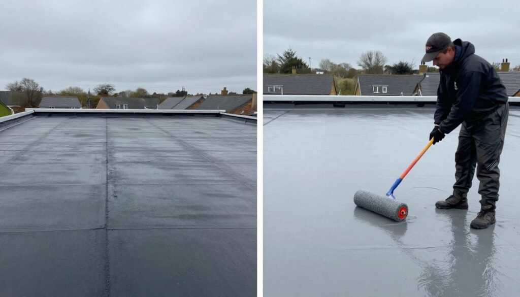 Before and after flat roof waterproofing: dark EPDM rubber roof before, and seamless light grey liquid applied waterproof coating after professional roller application.