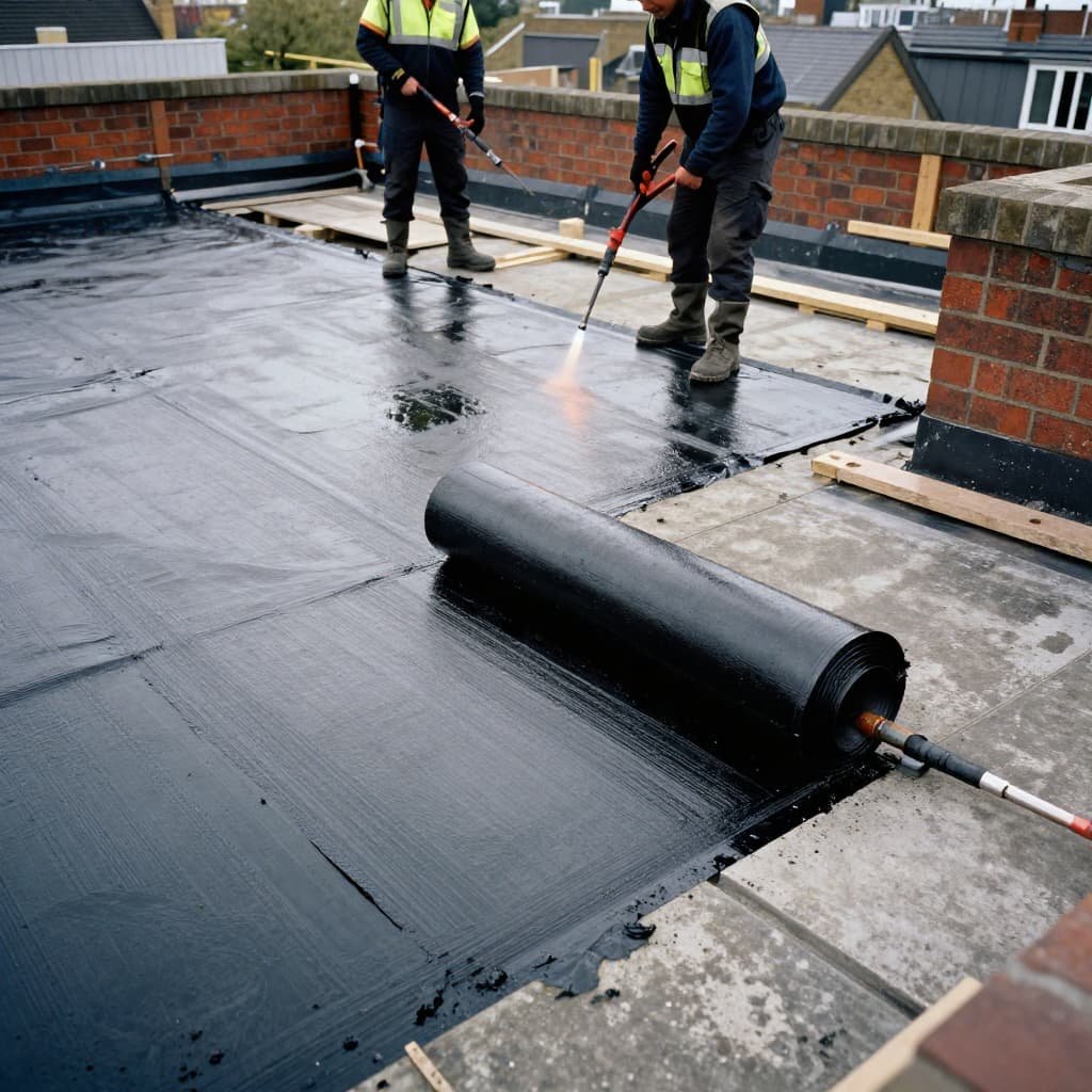 Professional roofers applying torch-on bitumen felt membrane for flat roof waterproofing