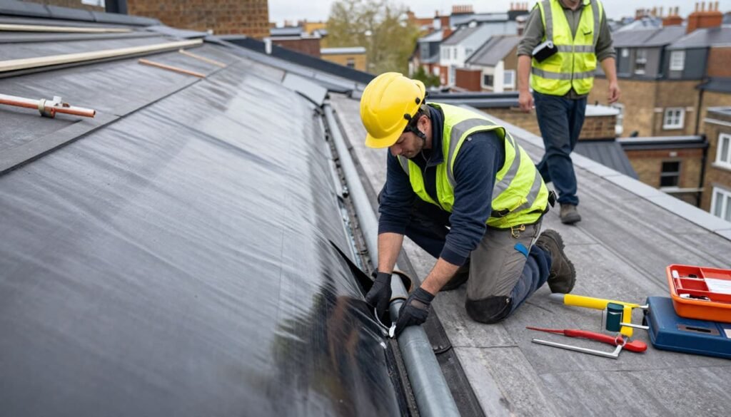 Professional roofer repairing flat roof waterproofing in London